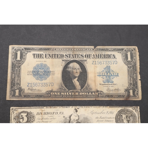 613 - A CONFEDERATE STATES RICHMOND FIVE DOLLAR NOTE AND A ONE DOLLAR NOTE. A Confederate States of Americ... 