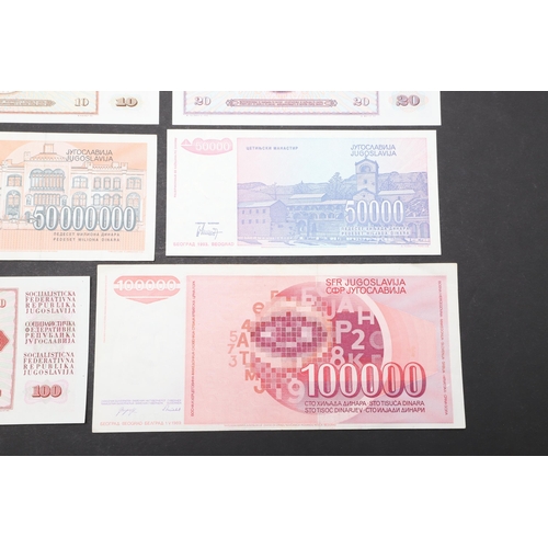 619 - A COLLECTION OF EIGHT YUGOSLAVIAN BANKNOTES. A collection of Yugoslavian banknotes from 100000, 5000... 