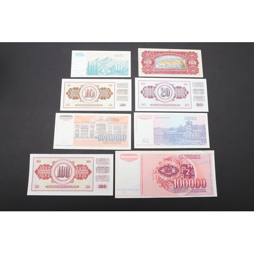 619 - A COLLECTION OF EIGHT YUGOSLAVIAN BANKNOTES. A collection of Yugoslavian banknotes from 100000, 5000... 