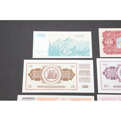 619 - A COLLECTION OF EIGHT YUGOSLAVIAN BANKNOTES. A collection of Yugoslavian banknotes from 100000, 5000... 