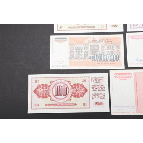 619 - A COLLECTION OF EIGHT YUGOSLAVIAN BANKNOTES. A collection of Yugoslavian banknotes from 100000, 5000... 