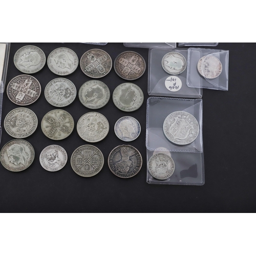 643 - A QUEEN ANNE HALF CROWN, 1708, AND A COLLECTION OF OTHER LATER SILVER COINS. A Queen Anne Halfcrown,... 