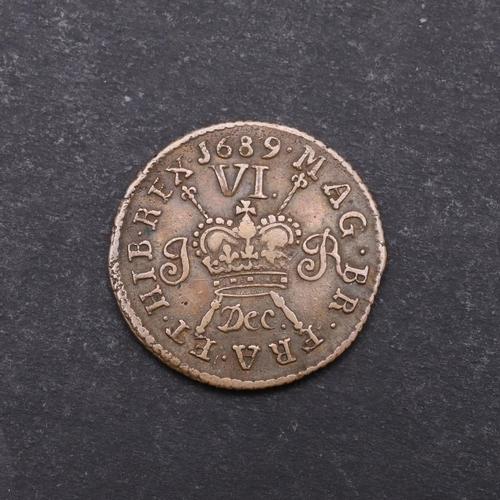 752 - A JAMES II GUNMONEY SIXPENCE, 1689. A James II Gunmoney Sixpence, laureate and draped bust l. Revers... 