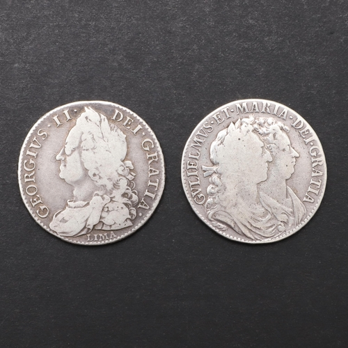 801 - A WILLIAM AND MARY HALFCROWN AND SIMILAR GEORGE II LIMA HALFCROWN. A William and Mary Halfcrown, fir... 