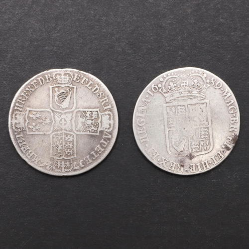 801 - A WILLIAM AND MARY HALFCROWN AND SIMILAR GEORGE II LIMA HALFCROWN. A William and Mary Halfcrown, fir... 