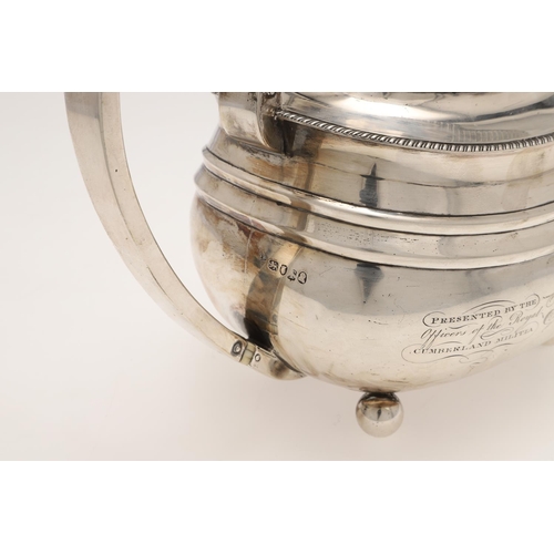 113 - A GEORGE III SILVER TEA POT. rounded oblong form, with gadrooned borders, a cushion finial and on ba... 