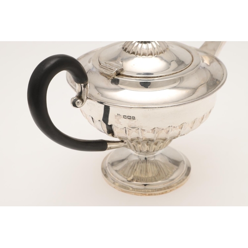 117 - A LATE VICTORIAN BACHELOR'S SILVER TEA SET. circular form, with bats-wing fluted decoration, scroll ... 