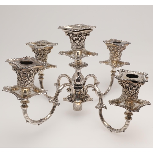 138 - A PAIR OF LATE VICTORIAN SILVER FIVE-LIGHT CANDELABRA BRANCHES. the Corinthian capitals with four sc... 