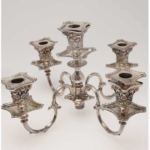 138 - A PAIR OF LATE VICTORIAN SILVER FIVE-LIGHT CANDELABRA BRANCHES. the Corinthian capitals with four sc... 