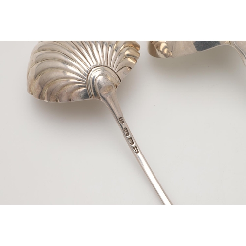 14 - A GEORGE III OLD ENGLISH PATTERN SILVER SOUP LADLE. with a fluted bowl, crested, by John Lambe, Lond... 