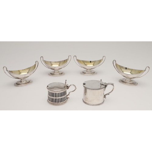 140 - A SET OF FOUR GEORGE III BOAT-SHAPED SILVER SALTS. with twin loop handles, reeded borders, and on a ... 