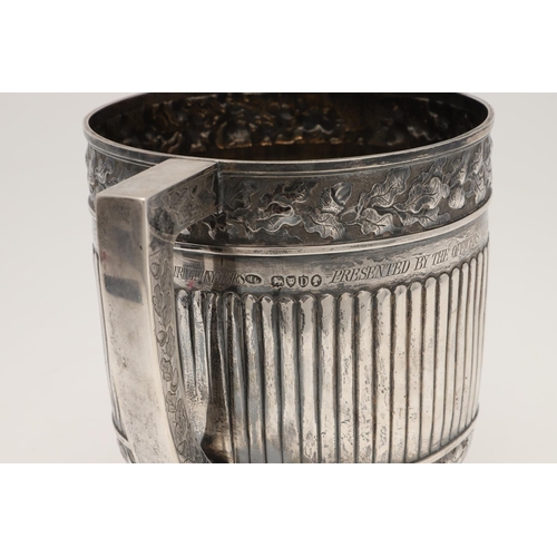 159 - A VICTORIAN TWO-HANDLED SILVER CUP. circular form with straight sides, the body with embossed flutin... 