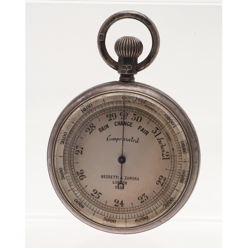 173 - A GEORGE V CASED SILVER POCKET ANEROID BAROMETER. resembling a pocket watch, inscribed to the revers... 