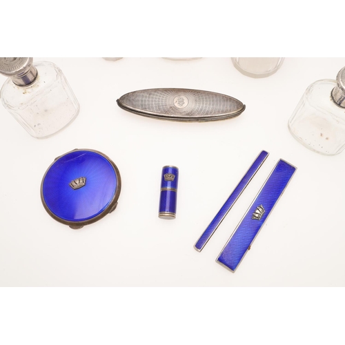 176 - AN ELIZABETH II PART SILVER & ENAMEL DRESSING TABLE SET - NAVAL INTEREST. comprising of a compact, t... 