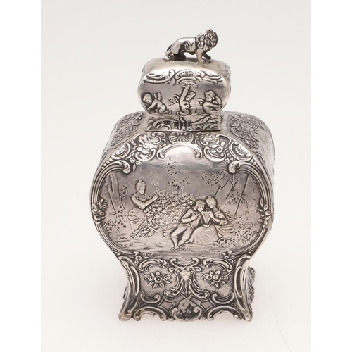 177 - A LATE 19TH CENTURY CONTINENTAL SILVER TEA CADDY. of bombÃ© form, with a lion finial, decorated in r... 