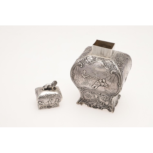 177 - A LATE 19TH CENTURY CONTINENTAL SILVER TEA CADDY. of bombÃ© form, with a lion finial, decorated in r... 