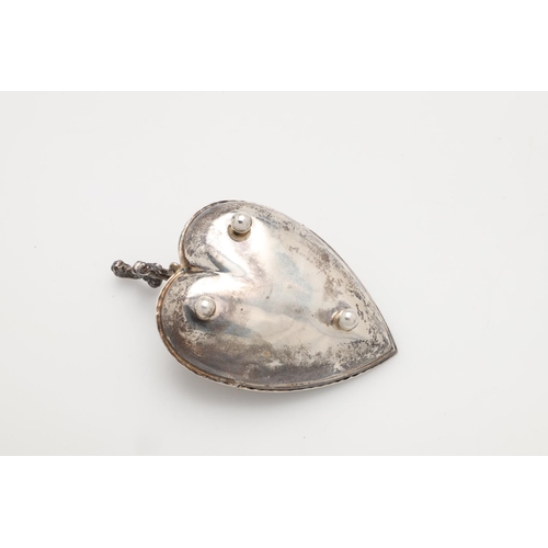 183 - A LATE VICTORIAN HEART-SHAPED SILVER MATCH/ LIGHT HOLDER. with a punch-bead border, embossed decorat... 