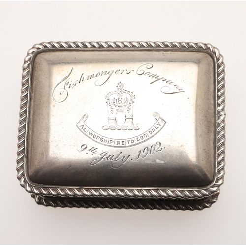 194 - THE WORSHIPFUL COMPANY OF FISHMONGERS. an Edwardian silver box, rounded rectangular form, with gadro... 