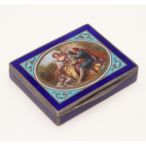 197 - A LATE 19TH/ EARLY 20TH CENTURY FRENCH SILVER & ENAMEL BOX. rectangular form, with bright-cut engrav... 