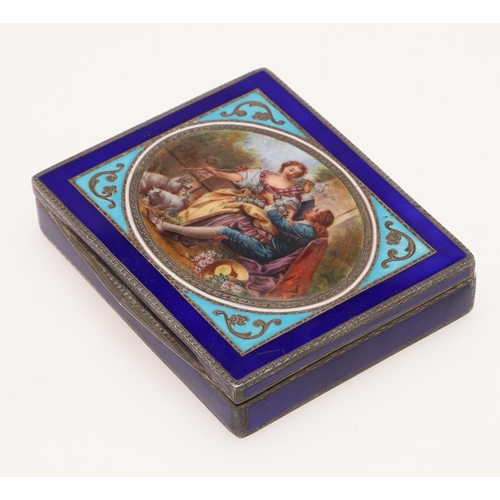 197 - A LATE 19TH/ EARLY 20TH CENTURY FRENCH SILVER & ENAMEL BOX. rectangular form, with bright-cut engrav... 