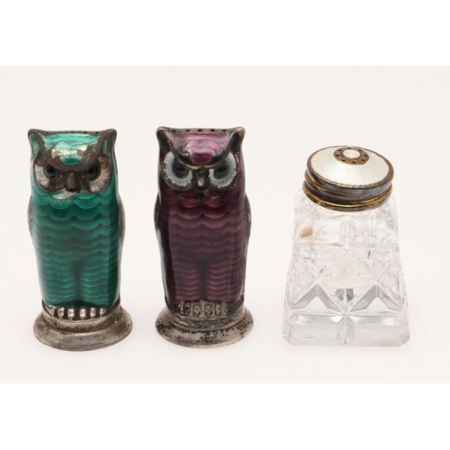 202 - NORWEGIAN SILVER:-. a pair of silver & enamel peppers in the form of owls, a glass mounted pepper ca... 