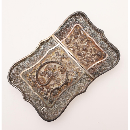 220 - A LATE 19TH/ EARLY 20TH CENTURY CHINESE FILIGREE SILVER CARD CASE. shaped rectangular outline, with ... 