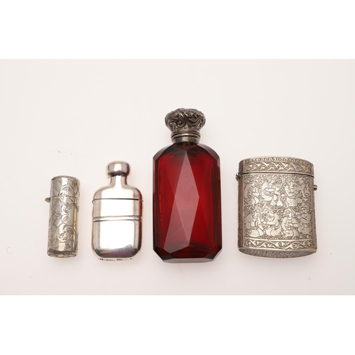 228 - A MIXED LOT. to include 3 silver mounted scent bottles, a cased cheroot holder, a Far-Eastern silver... 