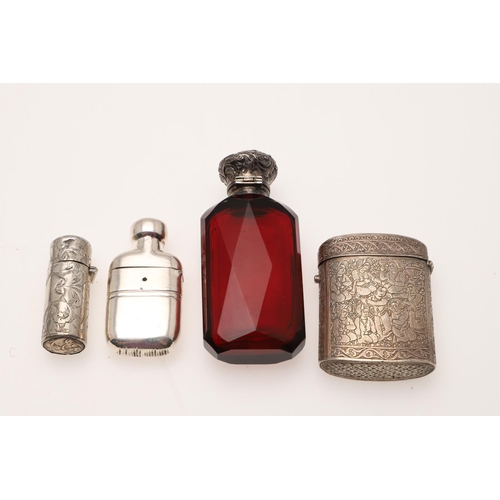 228 - A MIXED LOT. to include 3 silver mounted scent bottles, a cased cheroot holder, a Far-Eastern silver... 