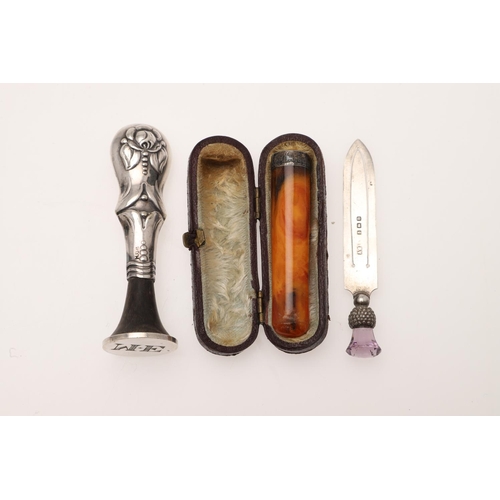 228 - A MIXED LOT. to include 3 silver mounted scent bottles, a cased cheroot holder, a Far-Eastern silver... 