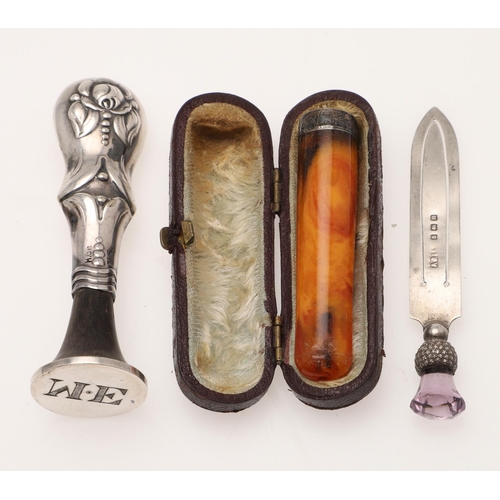 228 - A MIXED LOT. to include 3 silver mounted scent bottles, a cased cheroot holder, a Far-Eastern silver... 