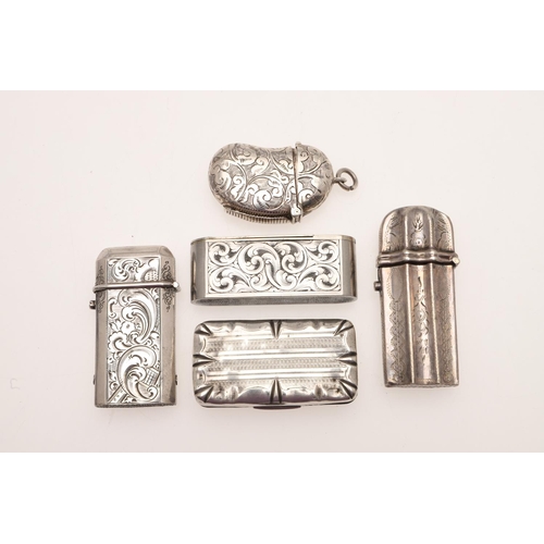 230 - FIVE ENGRAVED VESTA CASES. to include three Dutch silver examples, one kidney-shaped silver vesta ca... 