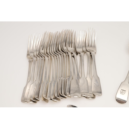 24 - FIDDLE PATTERN SILVER FLATWARE:. to include 22 table forks, 19 dessert forks, 4 tablespoons, 13 dess... 