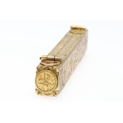 250 - A RARE 17TH CENTURY GILT BRASS SEALING WAX HOLDER. dated 1653 and inscribed 'Thomas Stanfall, disce ... 