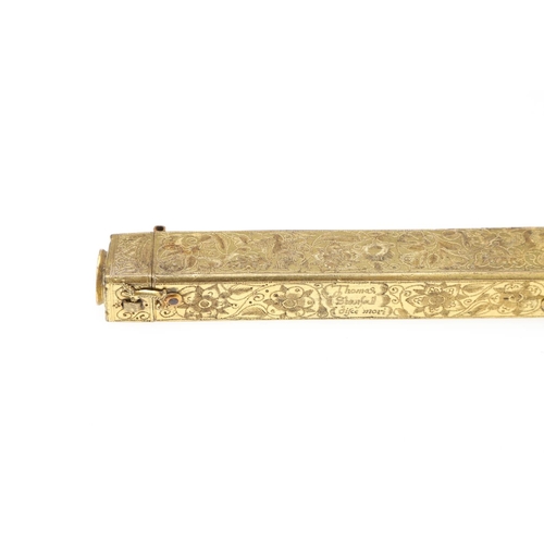 250 - A RARE 17TH CENTURY GILT BRASS SEALING WAX HOLDER. dated 1653 and inscribed 'Thomas Stanfall, disce ... 