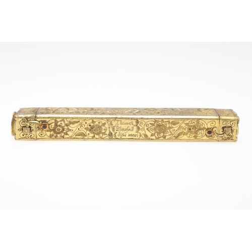 250 - A RARE 17TH CENTURY GILT BRASS SEALING WAX HOLDER. dated 1653 and inscribed 'Thomas Stanfall, disce ... 