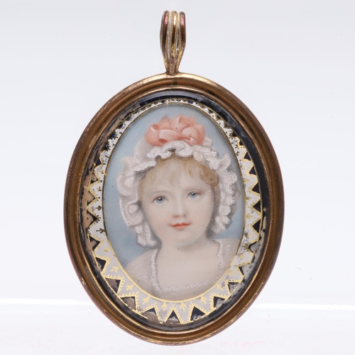 268 - ENGLISH SCHOOL. Miniature portrait of a child wearing white bonnet, on ivory 3.75 x 2.75 cm, , the r... 