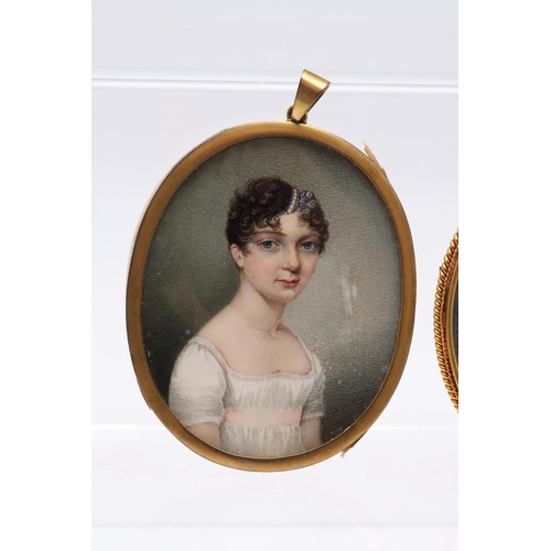 269 - ENGLISH SCHOOL C. 1820. Miniature portrait of a lady wearing white dress, on ivory 6.75 x 5.5 cm and... 