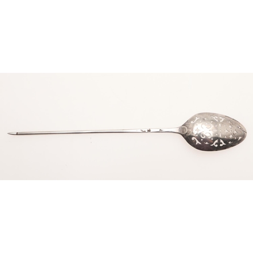 27 - A GEORGE II SILVER MOTE SPOON. with a plain drop, a spearhead terminal and the  bowl with pierced sc... 