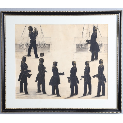 276 - CUNARD LINE INTEREST: A SILHOUETTE GROUP, Circa 1839. showing two officers on board ship, one holdin... 