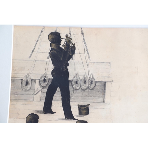 276 - CUNARD LINE INTEREST: A SILHOUETTE GROUP, Circa 1839. showing two officers on board ship, one holdin... 