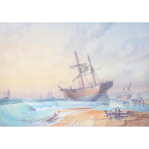 301 - WILLIAM FREDERICK MITCHELL (1845-1914). BEACHED VESSELS AFTER A STORM. Signed, numbered 230, waterco... 