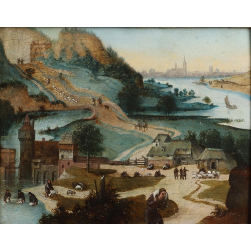 322 - ABEL GRIMMER (C.1570-C.1619). Follower of. A MOUNTAINOUS RIVER LANDSCAPE SCENE WITH FIGURES TENDING ... 