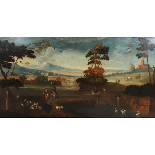 325 - JAN WYCK (1645-1700). His circle. ITALIANATE SCENE WITH FIGURES AND LIVESTOCK BY A BRIDGE IN AN EXTE... 