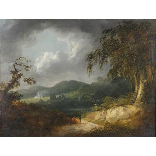 339 - GEORGE ARNALD, ARA (1763-1841). His circle. `THE COMING STORM`: FIGURES ON A WOODED TRACK, CASTLE RU... 