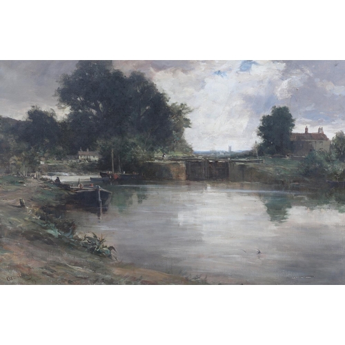 360 - FRANCIS ABEL WILLIAM ARMSTRONG, RBA (1849-1920). LOCK SCENE, PROBABLY ON THE STOUR NEAR DEDHAM, SUFF... 