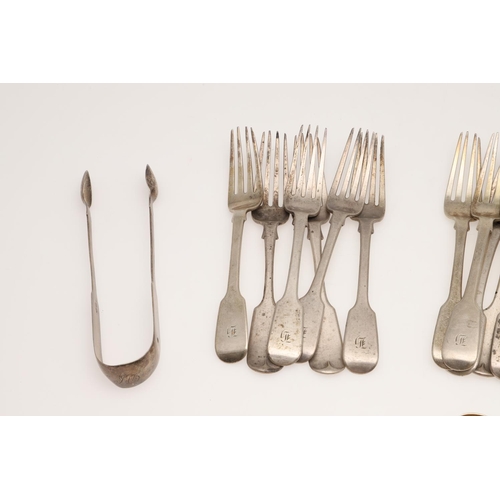 40 - FIDDLE PATTERN SILVER FLATWARE. comprising of 8 table forks, 5 tablespoons, 14 dessert forks, a dess... 