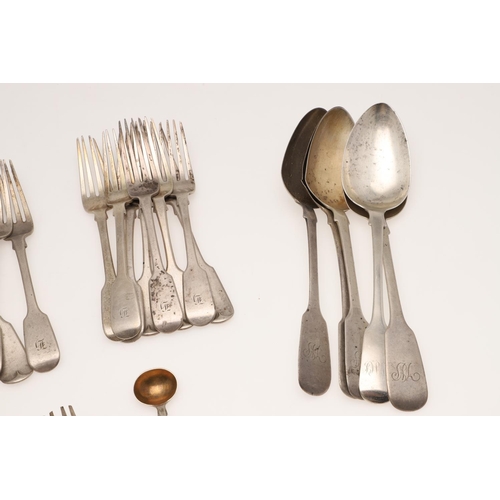 40 - FIDDLE PATTERN SILVER FLATWARE. comprising of 8 table forks, 5 tablespoons, 14 dessert forks, a dess... 