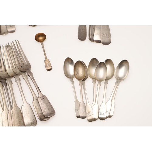 40 - FIDDLE PATTERN SILVER FLATWARE. comprising of 8 table forks, 5 tablespoons, 14 dessert forks, a dess... 