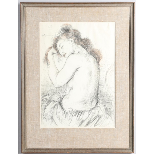419 - NIGEL LAMBOURNE (1919-1988). SEATED NUDE, BRUSHING HER HAIR. (d) Signed twice, inscribed with a few ... 
