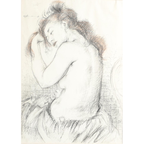 419 - NIGEL LAMBOURNE (1919-1988). SEATED NUDE, BRUSHING HER HAIR. (d) Signed twice, inscribed with a few ... 